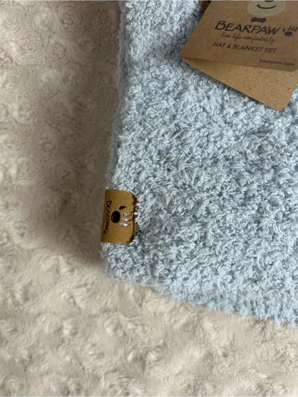 Bearpaw Blue Baby Blanket & Hat Set Chenille Sweater Knit Soft Cozy Ribbed
